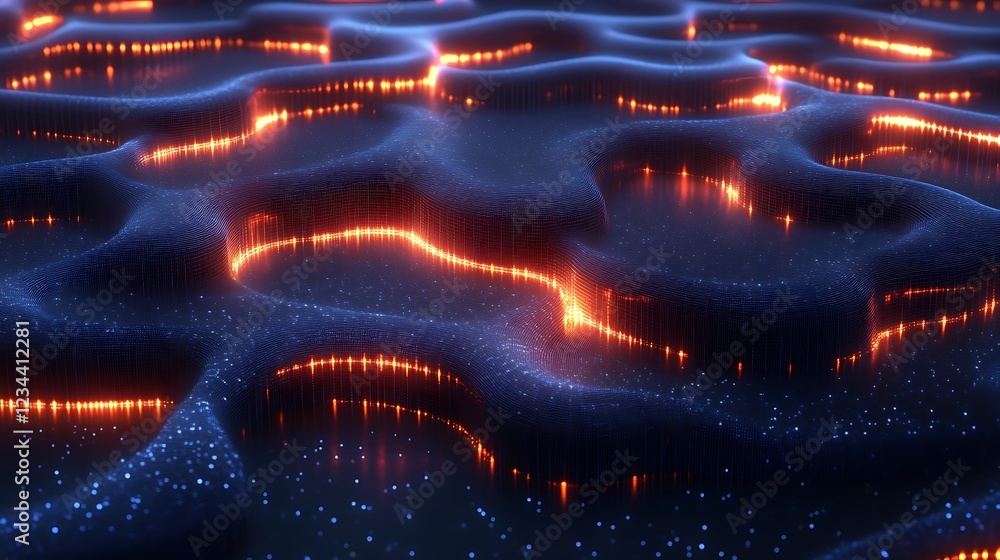 Poster abstract glowing lines and particle background with waves for technology concept design