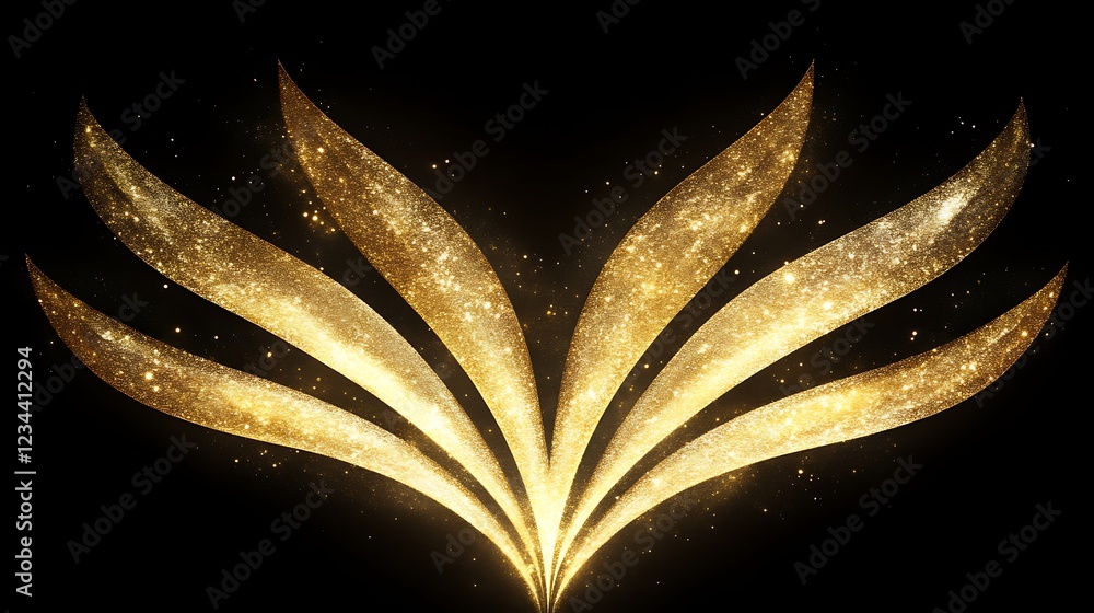 Poster golden glitter sparkles and shines in an abstract fan shape design on a dark background