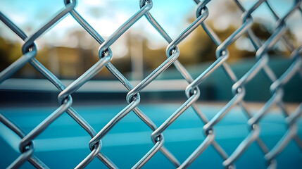 Fototapeta premium The photo captures the foreground with a silver chain-link fence in focus, while the blurred backdrop presents an empty blue tennis court under a slightly cloudy sky.