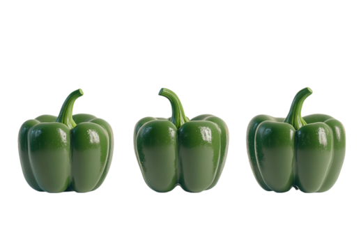 3D Fresh green bell peppers arranged in a row. Perfect for cooking, salads, or adding color to your dishes. Vibrant and healthy ingredients.