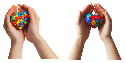 Two hands hold colorful puzzle piece hearts, symbolizing love, inclusion, and support for autism awareness. A powerful visual representation of unity.