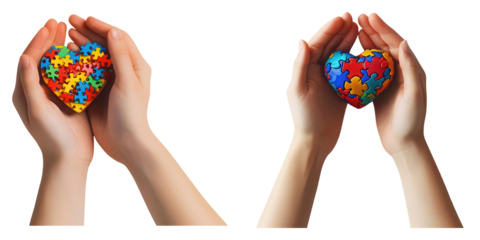 Two hands hold colorful puzzle piece hearts, symbolizing love, inclusion, and support for autism awareness. A powerful visual representation of unity.