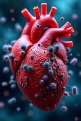 Human heart with virus cells. 3D illustration, 3D rendering