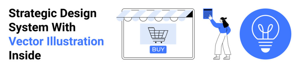 Shopping cart under storefront canopy, user interacting with a touchscreen, and light bulb icon represent e-commerce, innovation, and technology. Ideal for marketing, design, strategy, tech retail