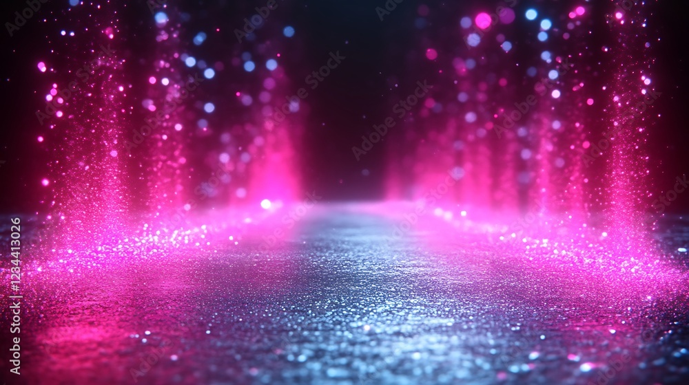 Poster abstract pink and blue light trails with bokeh effects on a dark background for graphic design use