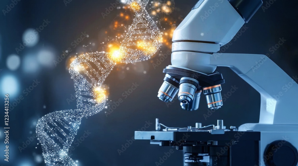 Aufkleber close-up of scientist using high-tech microscope with dna visualization