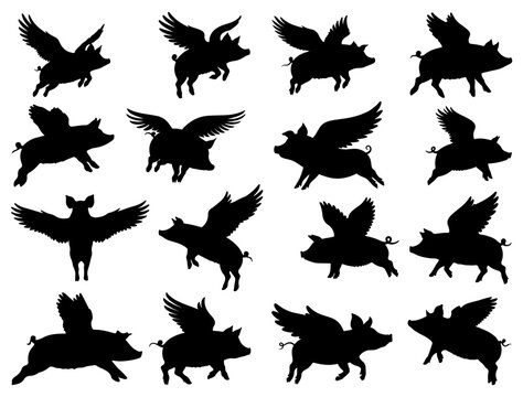 FLYING PIGS SILHOUETTE ON WHITE BACKGROUND