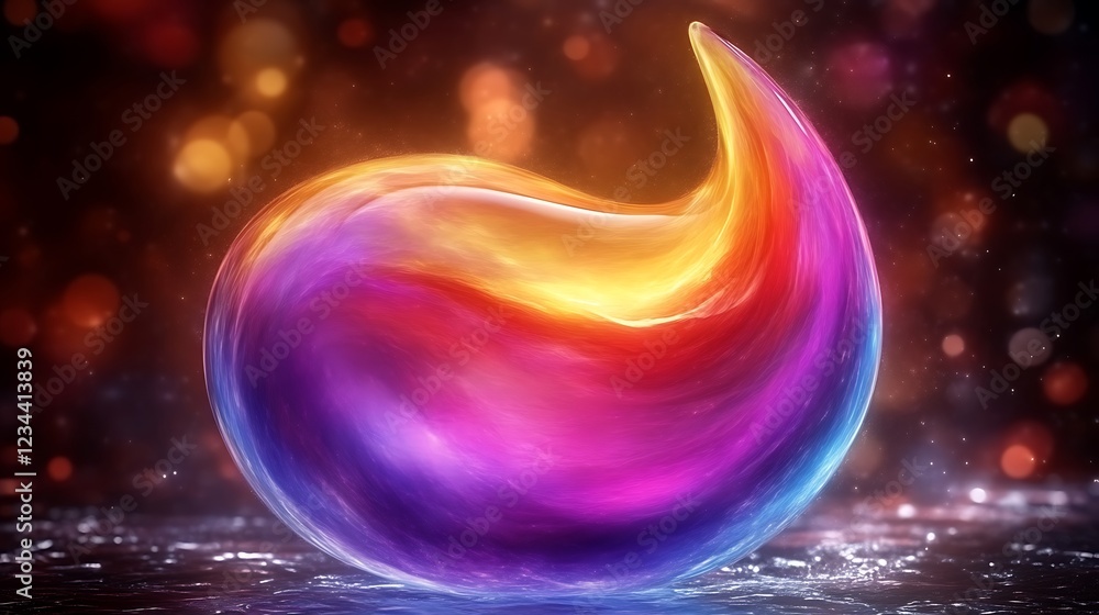 Poster abstract swirling orb of vibrant color with shimmering surface and bokeh background