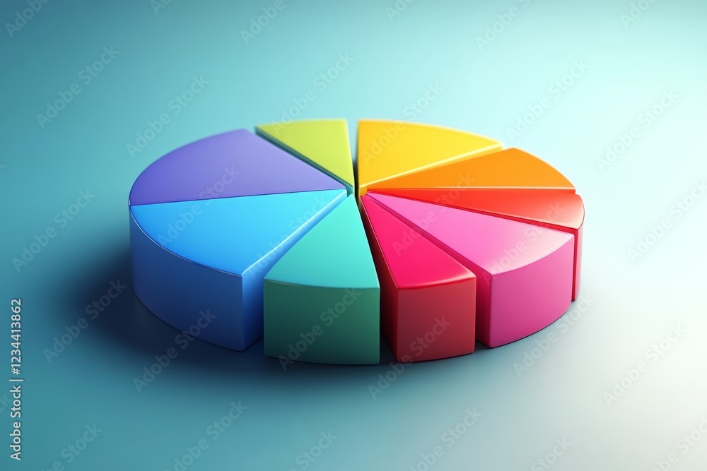 Poster colorful pie chart with eight segments on a blue background representing data visualization