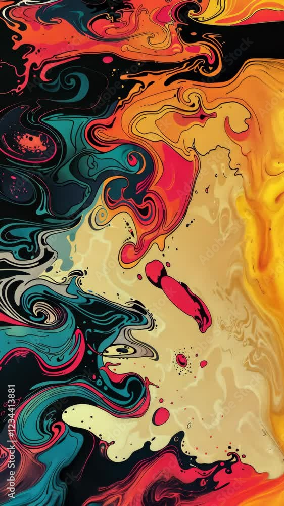 Poster vibrant colors intertwine and swirl in a captivating abstract animation, creating a fluid dance of s