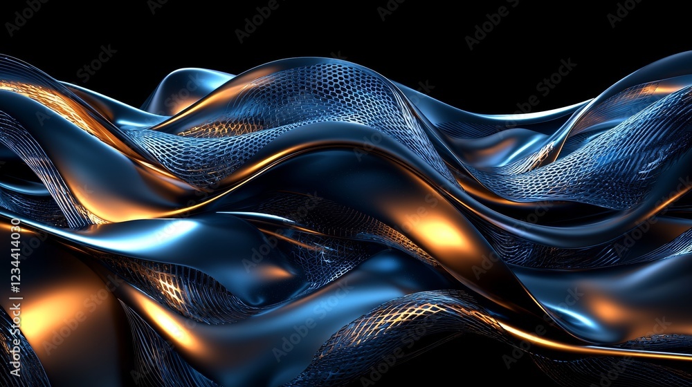Poster dynamic metallic waves abstract art digital visualization dark environment close-up view fluid motio