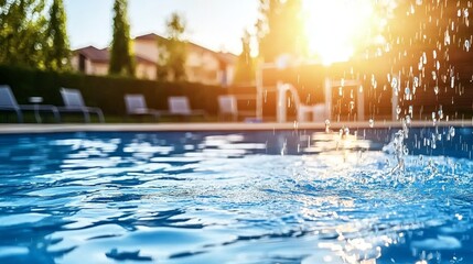 Summer Pool Water Splash at Sunset Relaxing Environment Scenic View Outdoor Lifestyle Refreshing Concept
