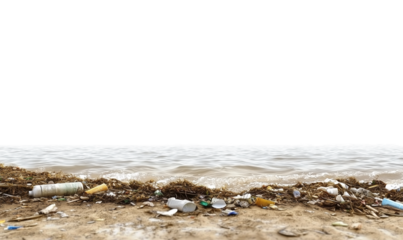 Ocean Pollution on Beach Shore, Littered with Plastic Waste and Debris, Environmental Damage, Marine Trash, Coastal Contamination, Global Warming Impact, Ecological Crisis, on Transparent Background