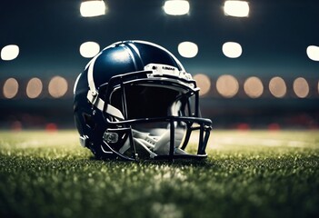 American football helmet at night on the field with lights in the background.