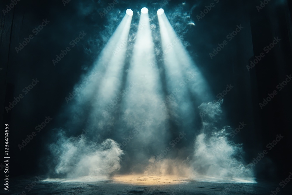 Aufkleber Spotlights illuminate a foggy stage creating an atmospheric setting for a performance or event
