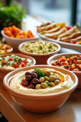 Delicious Mediterranean Style Mezze Platter: A Colorful Array of Dips, Olives, and Fresh Vegetables