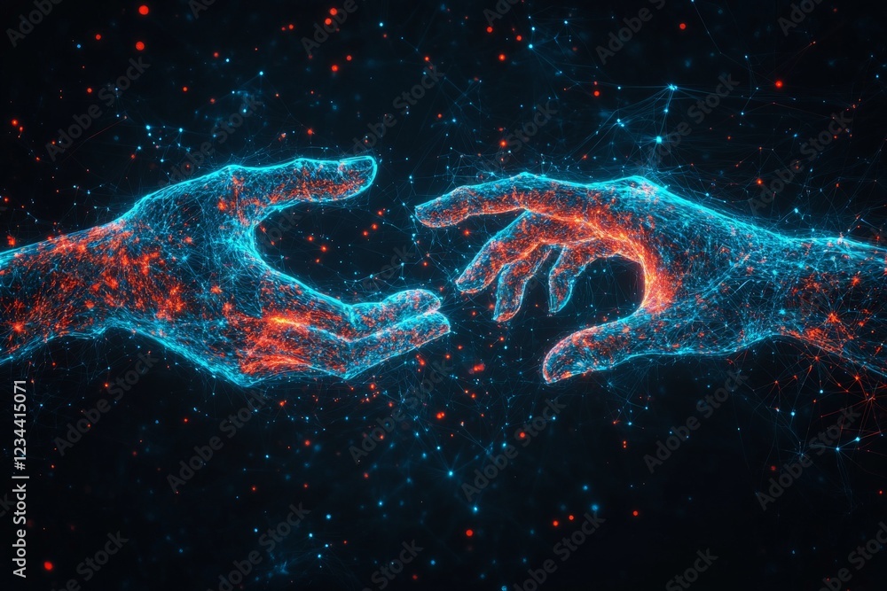 Leinwandbilder Hands reaching out in a digital cosmos symbolizing connection and technology in a futuristic visual