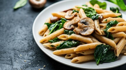 Whole wheat penne pasta with mushrooms and fresh spinach on a white plate.