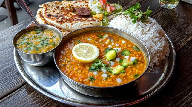 Delicious nepali dal bhat set with lentil soup and rice local restaurant food photography cozy atmosphere close-up view