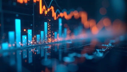 Many charts and graphs. Reflection light and flare. Concept image of data gathering and statistical working, Technology background, Business background, Finance background