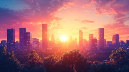 Obraz premium A cityscape at sunset with tall buildings and trees.