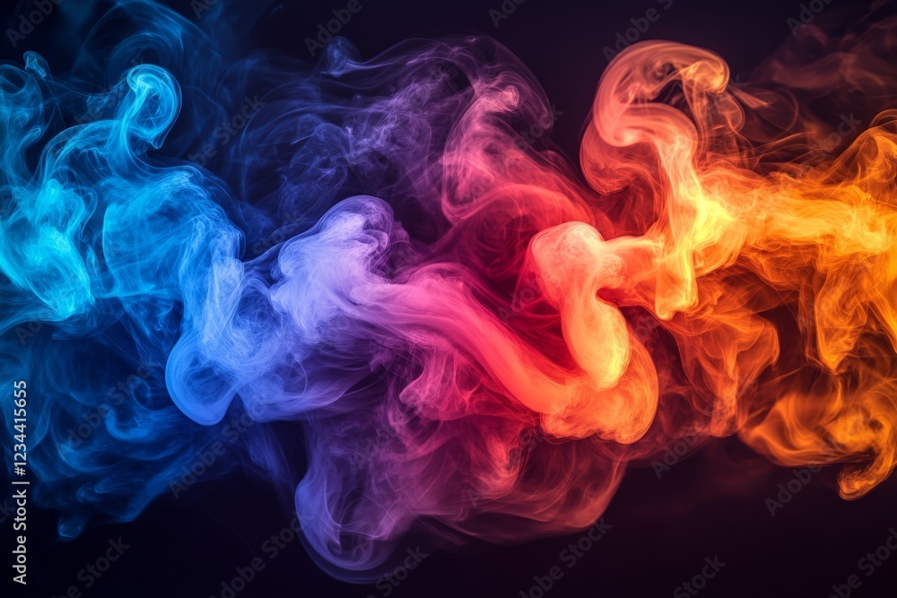 Poster colorful smoke swirls create a mesmerizing pattern in a dark background with vibrant shades of blue,