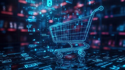 Futuristic digital shopping cart on glowing holographic background with abstract technology elements, symbolizing online shopping evolution and e commerce innovation