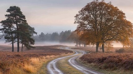 Fototapeta premium A winding path through a forest of trees on an overcast day.