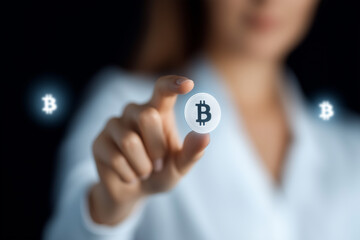 Businesswoman interacting with virtual touchscreen displaying blockchain and cryptocurrency icons