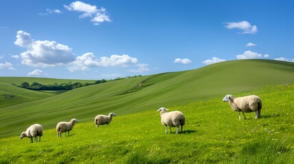 Obraz premium Sheep Grazing on Rolling Green Hills