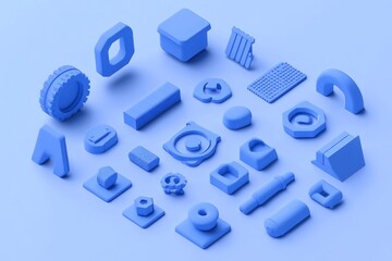 Isometric 3D render of various blue objects.