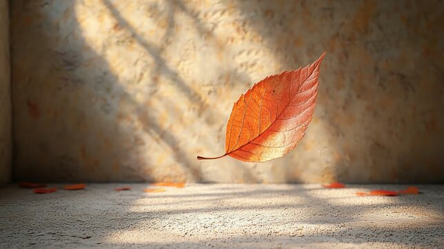 Fallen autumn leaf floating indoors, sunlit room, textured wall