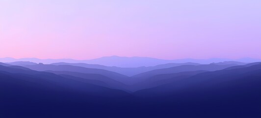 A serene landscape showcasing rolling mountains layered in hues of soft lavender and deep blue, creating a tranquil atmosphere at dusk.