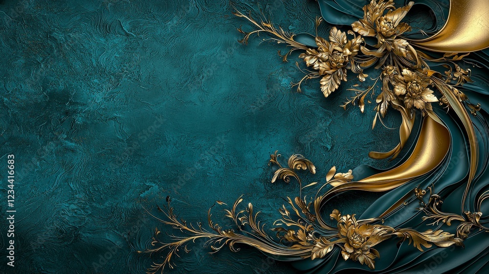 Poster close-up of elegant golden sha motif & intricate luk fak patterns for luxurious home decor and artis
