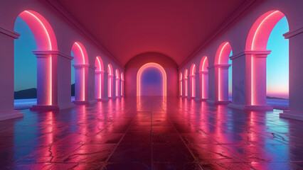 Futuristic Neon-Lit Hallway with Arched Design