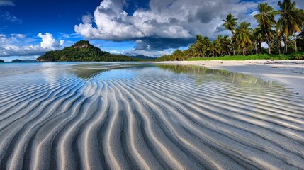 Fototapeta premium Tropical Beach Paradise with Palm Trees Serene Coastline Nature Scene Tranquil Environment Scenic Viewpoint