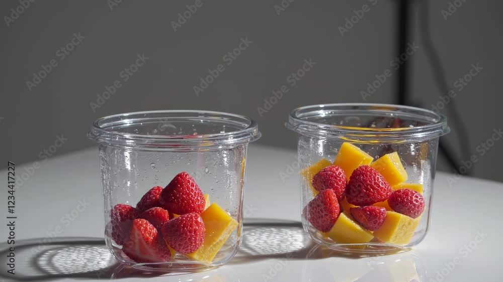 Poster a studio-lit arrangement featuring multiple transparent containers of frozen strawberries and mango 