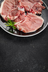 Pork on bones raw meat fresh tasty food dish delicious gourmet food background on the table rustic food top view copy space