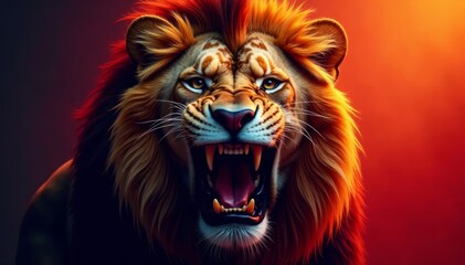 Fototapeta premium Fierce face of lion with open mouth and sharp teeth, aggressive, close-up, wild