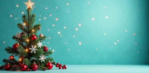 Elegant Christmas tree on aquamarine background with sparkling snowflakes, pinecones, and festive holly, Aqua, Green, Winter Wonderland