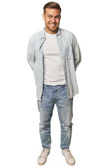 Fototapeta premium Full body portrait of a man in studio happy, smiling and cheerful.