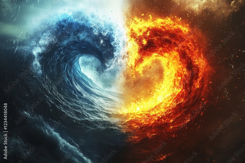 Poster dynamic clash of water and fire creating an intense visual contrast in a fantastical landscape