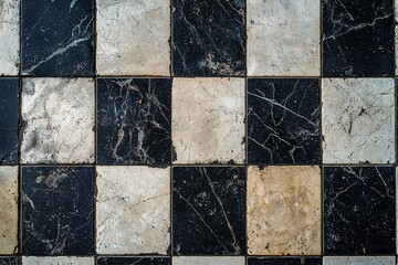 Vintage checkered black and white marble floor tiles