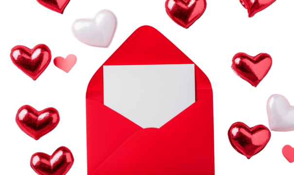 Red Envelope Blank Card Falling Hearts Valentines Day, Transparent Background, Ai Generative Images