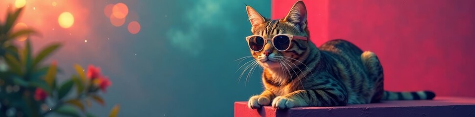 Feline fashionista perched on edge with sunglasses, eyeglasses, fun pet, cool animals