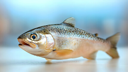 Fresh salmon on table, ocean backdrop, food packaging