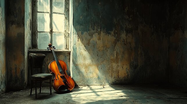A lone cello sits in an abandoned room with peeling paint and a broken window.
