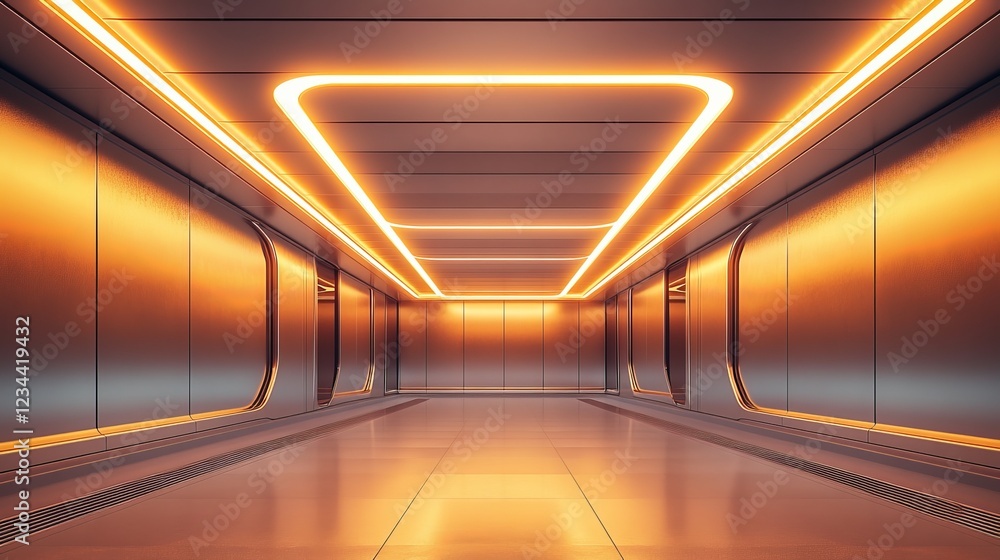 Poster mysterious long corridor illuminated by soft orange lights creating an enigmatic atmosphere with sha
