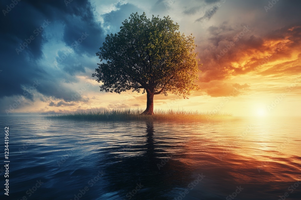 Poster sunset reflects on serene water with a single tree standing on an island under dramatic sky contrast