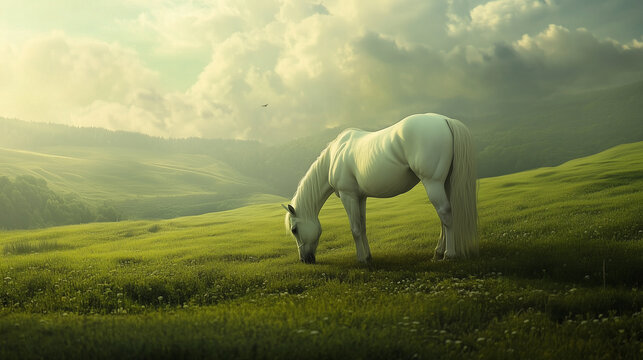A white horse grazes in a green field
